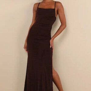Brown Backless Lace Maxi Dress